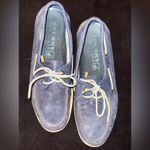 Sperry Blue Canvas Mens Boat Shoes with White Laces